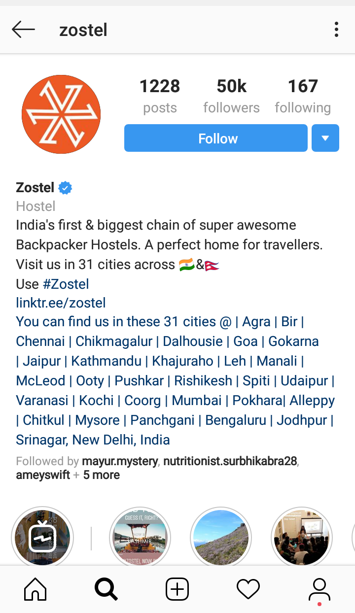 Zostel's business account on Instagram