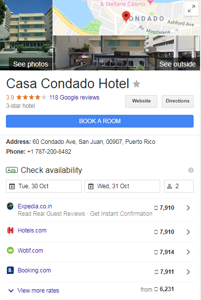 A sample of how your Google Hotel Ads appears in search results. 