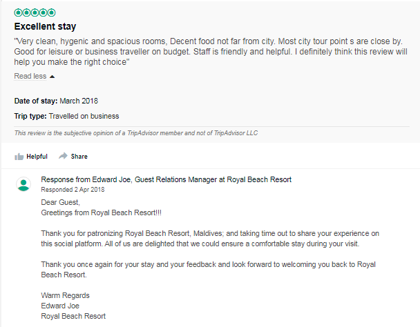 Example of positive hotel review