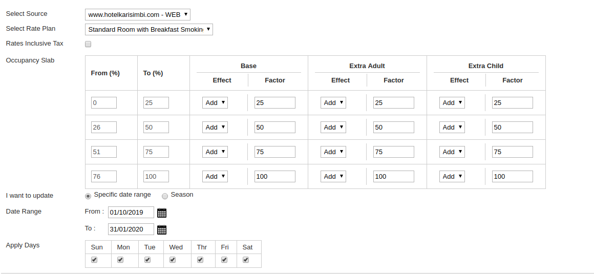 Configuration of yield management in booking engine and channel manager.