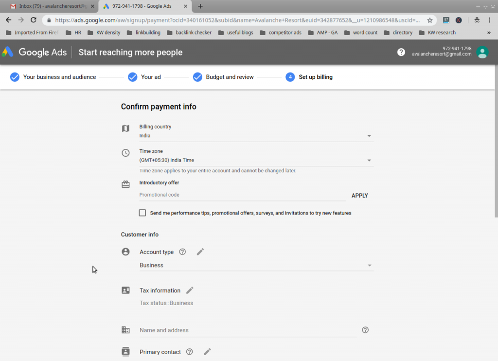 Confirm your payment and contact information for Google Ads