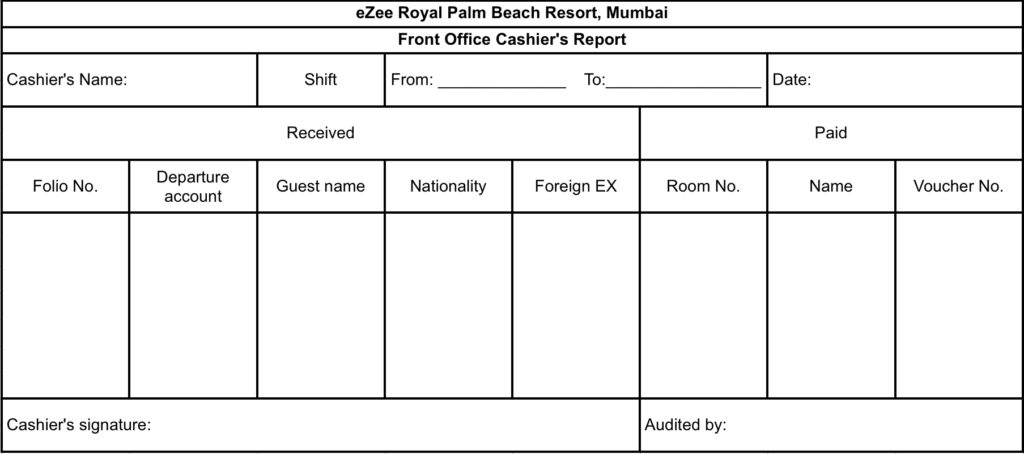 This is a format of front office cashier's report.