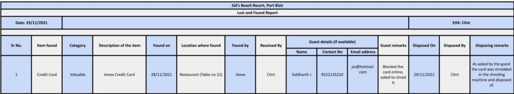 Report used in lost and found procedure in hotels