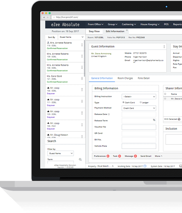 Dashboard of eZee Absolute hotel software